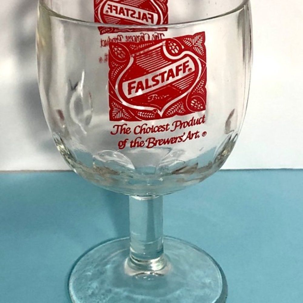 Vintage Falstaff Beer 6"  Thumbprint Stemmed Goblet Heavy Glass Mug